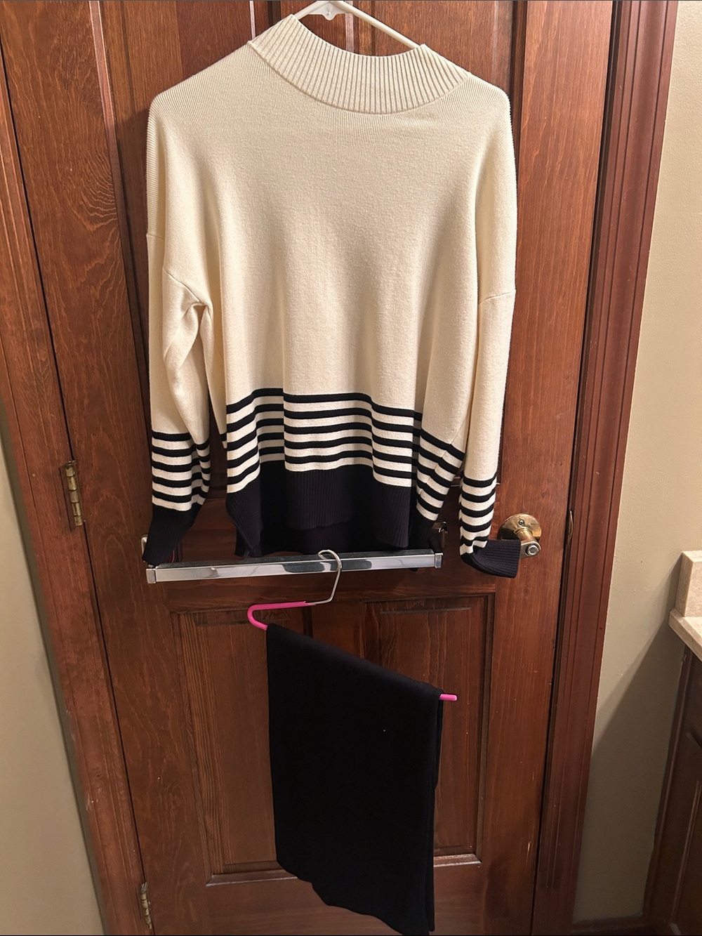 Cream and Black Striped Women's Sweater with matching pants